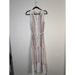 Splendid Collection Striped Sleeveless Maxi Dress Pink Tan Grey Tie Waist M